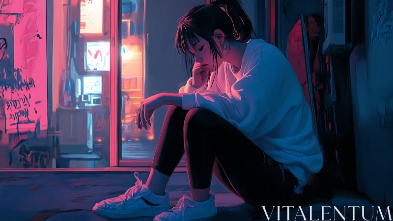 Neon-lit alley solitude with pensive girl in soft glow.