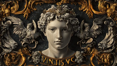 Baroque marble bust with gilded ornament and heraldic gryphons