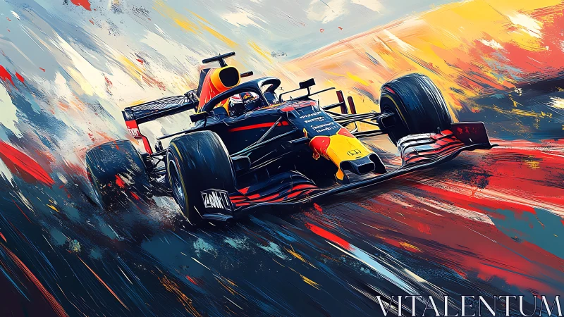 Dynamic Formula One racer in expressive digital painting style.