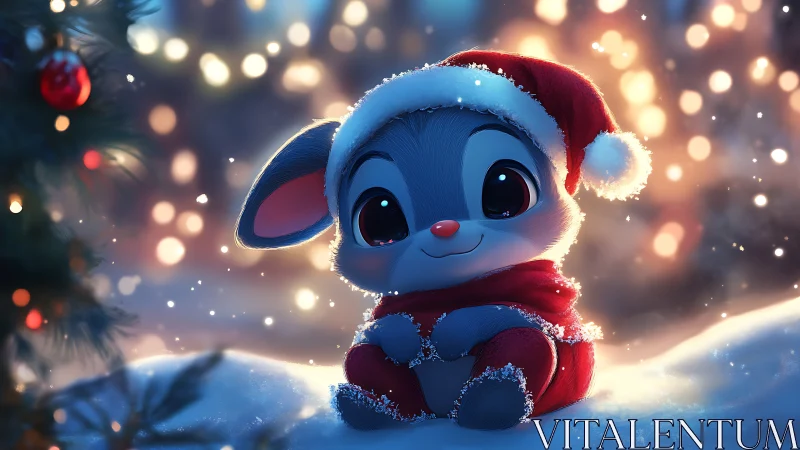 Cartoon bunny in Santa outfit sits on snow at night