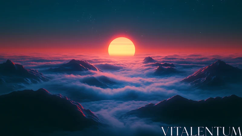 Neon sun rises over dreamlike cloud seas and lonely peaks.