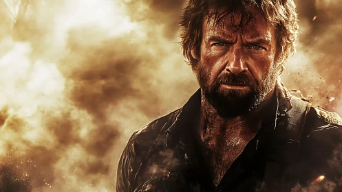 Battle-hardened bearded man in smoky golden backlight portrait