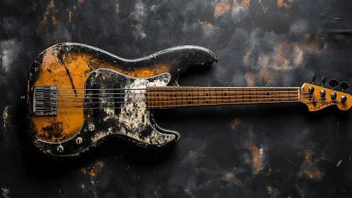 Weathered electric bass guitar on dark textured surface.