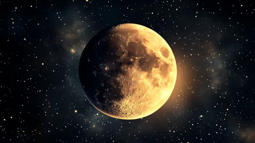 Luminous lunar hemisphere amid dense stellar backdrop field.