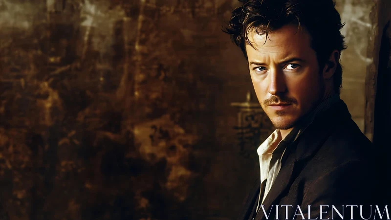 Brooding gentleman in bronze-lit moody portrait haze.