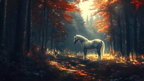White horse stands in glowing autumn forest clearing.