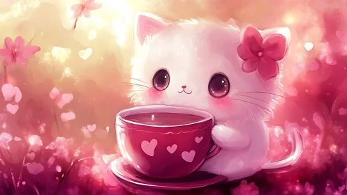 Whimsical felid character with beverage vessel in bokeh florescence.