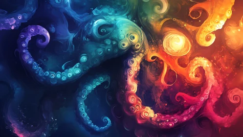 Neon octopus tentacles twist through swirling cosmic color.