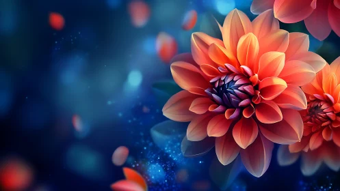 Red Dahlia Flowers Against Blue Bokeh Background.