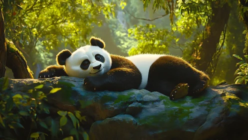 Giant panda resting on mossy log in dense forest light.