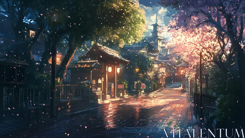 Evening street scene with cherry blossoms and wet pavement.