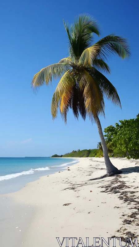 Coconut palm tree positioned on sandy beach with turquoise ocean waters
