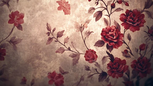 Vintage Floral Pattern with Deep Red Roses on Textured Beige