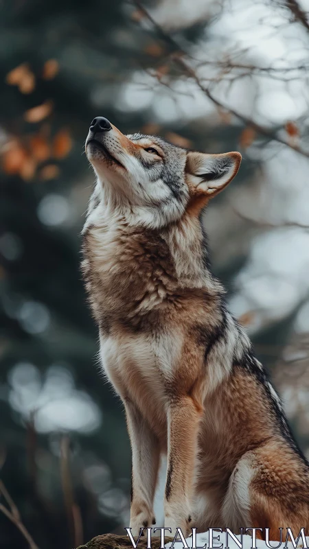 Timber wolf standing on snow in blurred forest background.