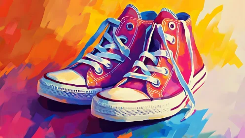 Chromatic canvas sneakers rendered in vivid digital brushwork.