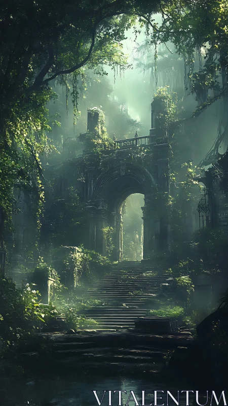 Digital painting of overgrown ruin with misty stone archway.