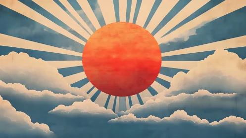 Radiant red sun bursts through clouds in a stylized sky