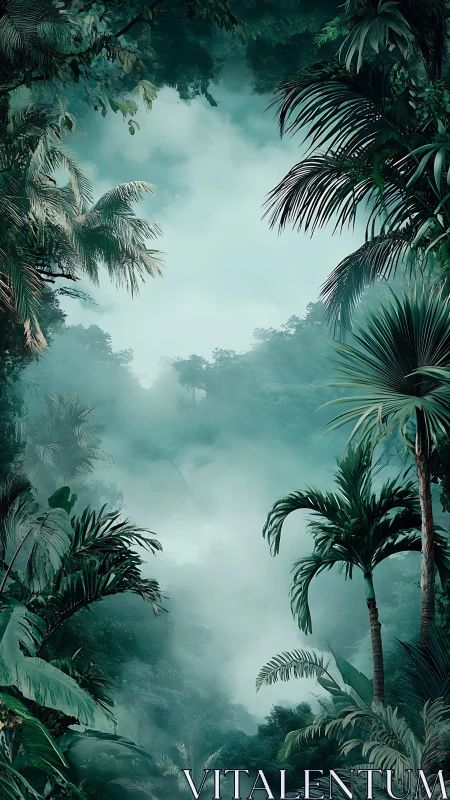 Misty Tropical Jungle Canopy with Palm Trees