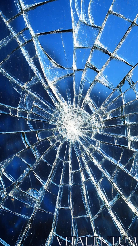 Radial impact fracture pattern on blue backlit glass surface.