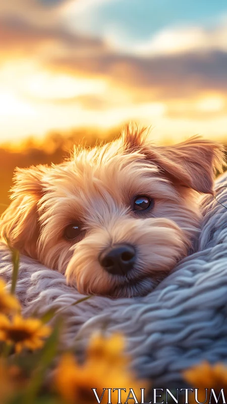 Small dog rests on knitted blanket under warm sunset glow.