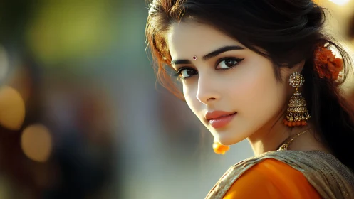 Warm sunset portrait of a woman in golden traditional dress.