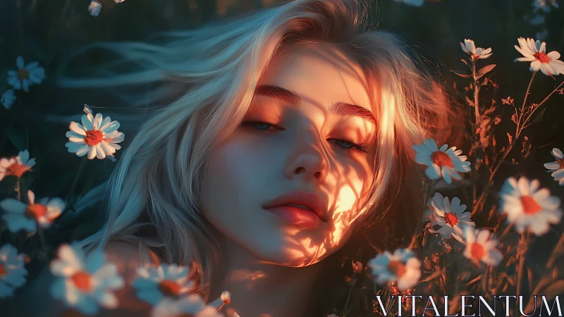 Subsurface sunset lighting on reclined face amid daisies.