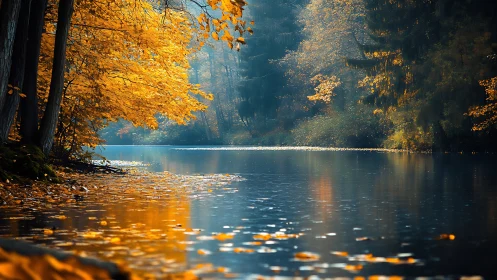 Golden autumn river rests quietly beneath glowing trees