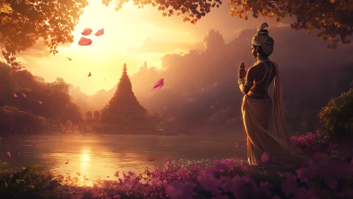 Golden hour deity overlooks riverside temple across water