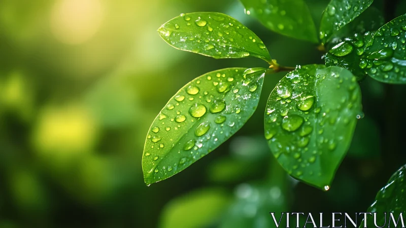 Glowing green leaves with morning dew droplets close-up.