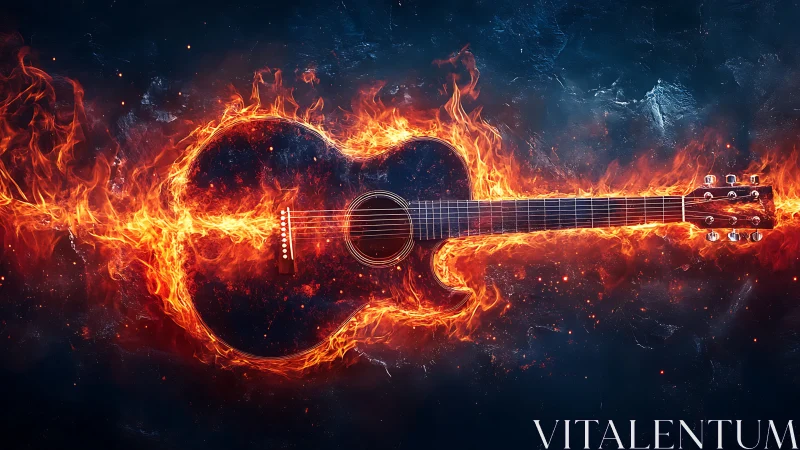 Fiery acoustic guitar blazing across dark cosmic backdrop.