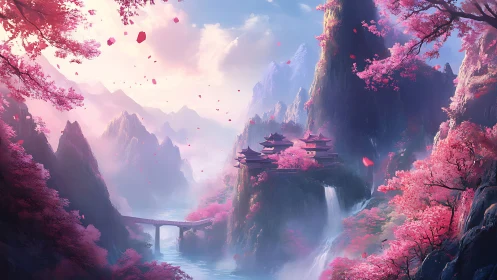 Aerial survey of sakura gorge citadel with waterfalls cluster.