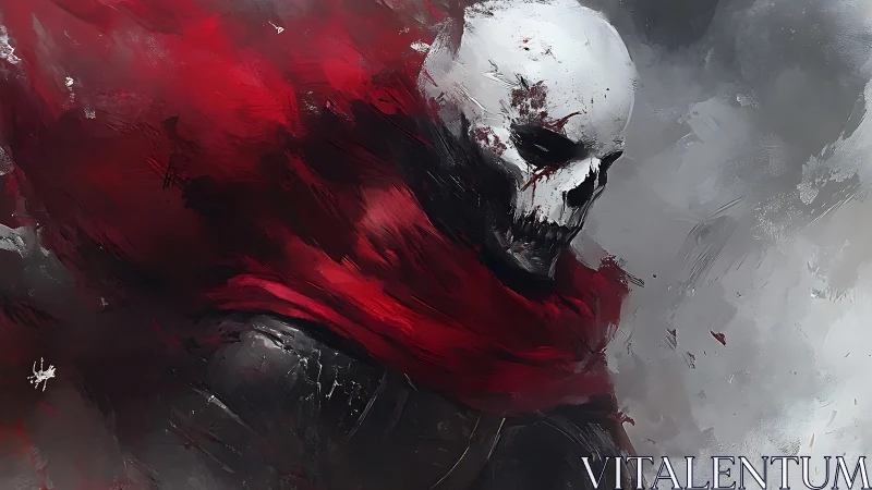 Skeletal war sentinel in red vortex scarf, atmospheric study.