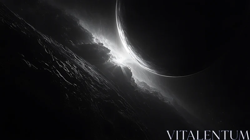 Distant planet intersects illuminated rocky horizon edge