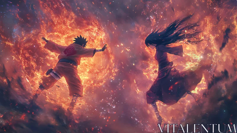 Opposed figures suspended before rotating fiery vortex field.