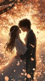 Romantic couple under luminous cherry blossoms at sunset.