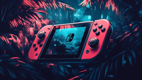 Nintendo Switch with Neon Pink Controllers in Tropical Jungle Setting