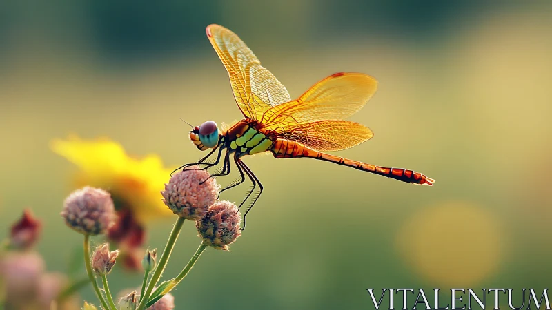 Dragonfly on wildflower in sunlit shallow depth of field.