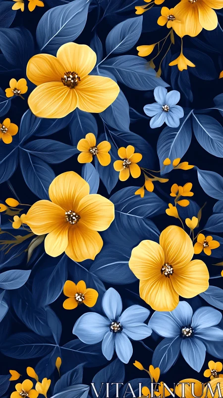 Yellow Cosmos Blooms on Navy Ground.