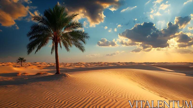 Lone palm over sunlit desert dunes under glowing sky.