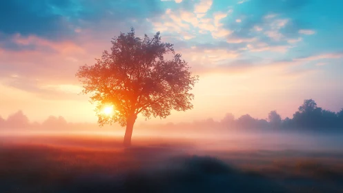 Soft sunrise glows gently behind a lone meadow tree