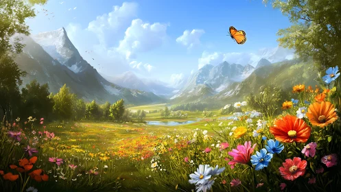 Wide-angle alpine meadow panorama with saturated floral foreground