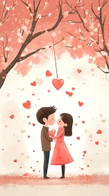 Romantic pair beneath cherry blossom canopy sharing heart.