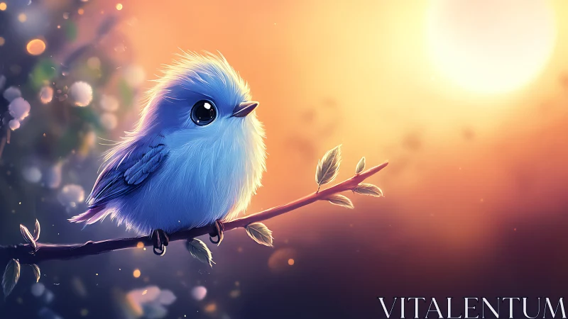 Cute blue cartoon bird on branch at sunrise, digital art style.