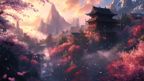 Sunlit mountain temples amid blooming sakura valley mist.