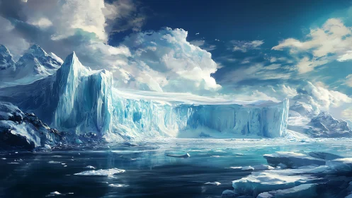 Glacial cliff under dramatic sky above polar seascape.