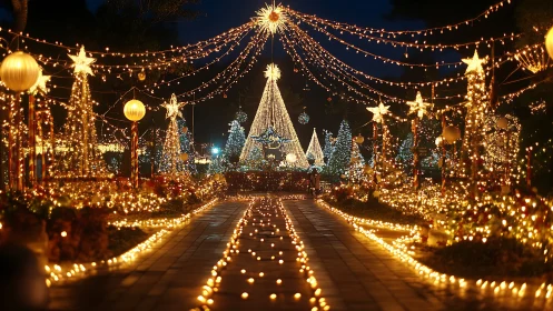 Starlit Christmas promenade draped in cascading golden lights.