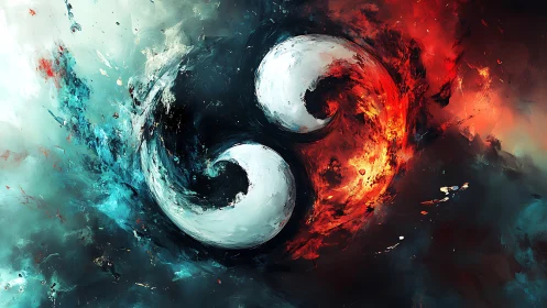 Fiery and icy yin yang swirling in vivid cosmic harmony.
