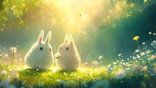 Two stylized white rabbits in backlit forest meadow scene.