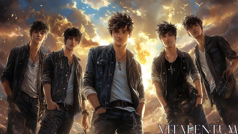 Stylish young men stride under blazing cinematic sky.