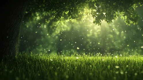 Sunlit forest grass under leafy tree canopy at golden hour.